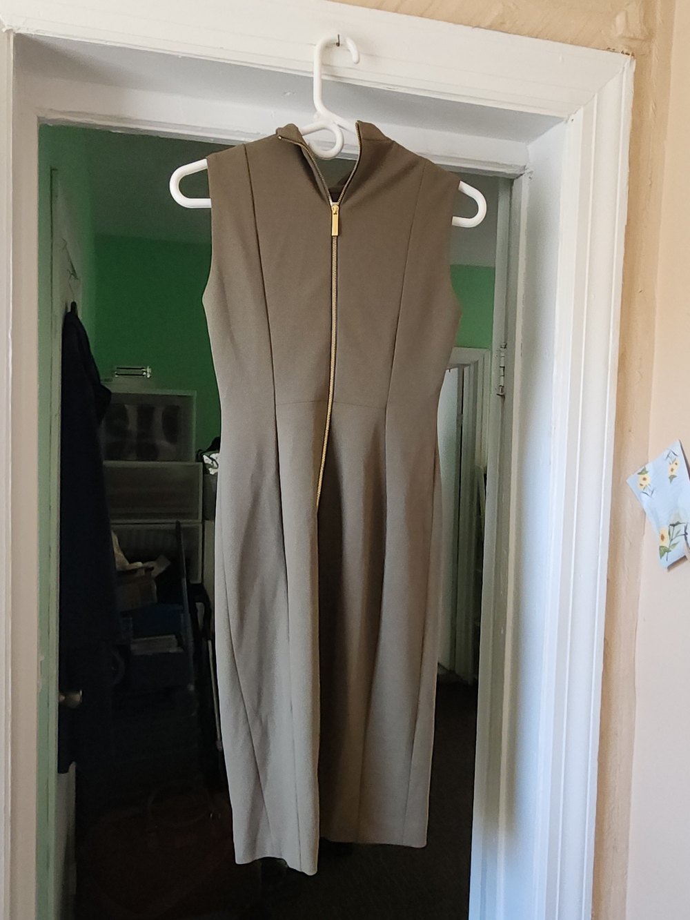 Calvin Klein Olive-Taupe Sleeveless Midi Dress with Gold Zip